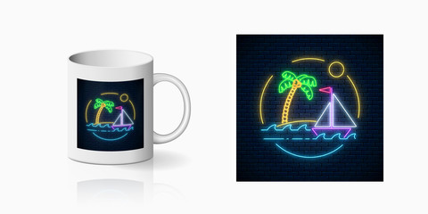 Neon summer print with sailing ship and island with palm in ocean in round frames for cup design. Shiny summertime symbol, design, banner in neon style on mug mockup. Vector shiny design element