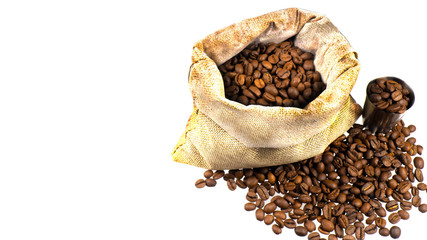 Coffee beans in a bag on a white background
