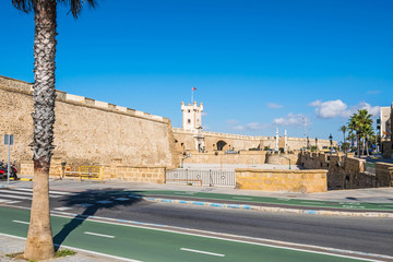 Plaza de la Constitucion with Puertas de Tierra in Cadiz, Spain