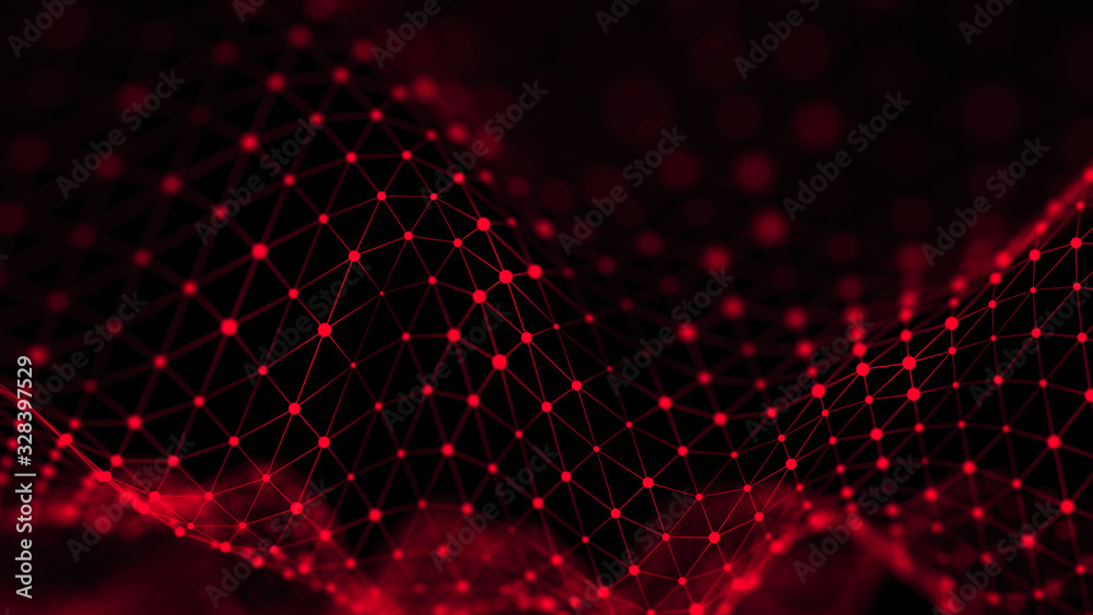 Aufkleber Futuristic abstract mesh. Wave with the connection of luminous points and lines. 3D rendering.