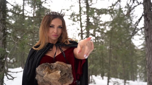 Model cosplay Snow Queen outdoor in winter pine forest