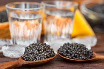 Vodka and sandwiches with black sturgeon caviar close up