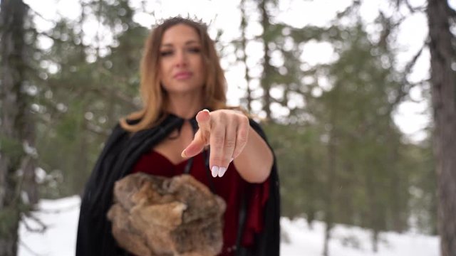 Model cosplay Snow Queen outdoor in winter pine forest