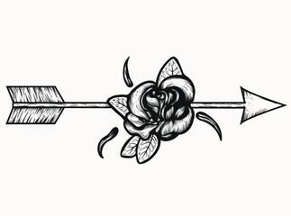 Arrow shooting through a rose illustration. Isolated vector tattoo design. Feminine litograph  , linocut style tattoo. Vintage old school inspired sketch for your creative and graphic design projects.