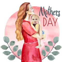 Mother and baby. Super mom.Motherhood. Mother's day, mother holds a newborn. Watercolor raster illustration on a white background,for cards, posters, stickers and professional design.