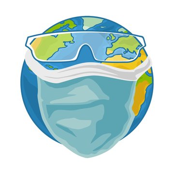 Earth planet dressed medical face mask and glasses. Color flat illustration.