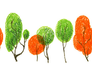 Seamless border with colorful trees painted by wax crayons against white background.  - 328401154