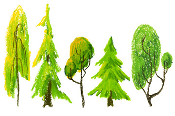 set of green trees painted by wax crayons against white background. Sketch of plants. 