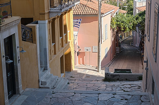 Fototapeta Famous places in Athens - capital of Greece. Plaka - the old historical neighborhood of Athens  around the ruins of Ancient Roman Agora of Athens