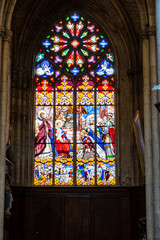 Tours, France - 02/20/20 : Religious Stained glass. Tours's cathedral. Cathedral Saint Gatien'interior. Inside the cathedral with vibrant colors. 