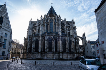 Tours, France - 02/20/20 :Tours's cathedral. Cathedral Saint Gatien. Back of the cathedral taken at sunset. Evening picture.
