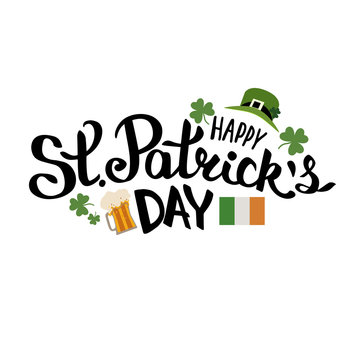 Happy St Patricks day lettering composition with clover leaves, green hat, Irish flag and beer vector illustration on white