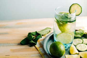 Refreshing water with cucumber, lime and good herb. Refreshing cucumber lemonade, Healthy drink and detoxification. Copyspace
