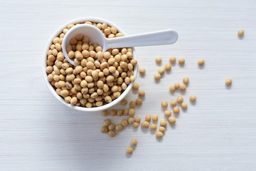 Raw soybeans (Glycine max) displayed in containers