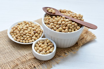 Raw soybeans (Glycine max) displayed in containers