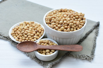 Raw soybeans (Glycine max) displayed in containers