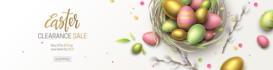 Vector elegant horizontal easter sale banner with confetti, 3d pussy willow and realistic golden, green, pink eggs in bird's nest. Festive background with place for text for flyer with discount offer.