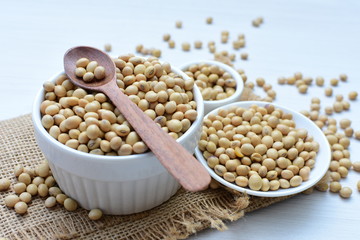 Raw soybeans (Glycine max) displayed in containers
