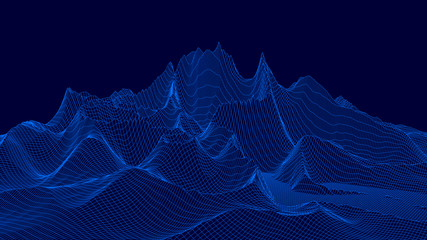 Vector wireframe 3d landscape. Technology grid illustration. Network of connected dots and lines. Futuristic background.