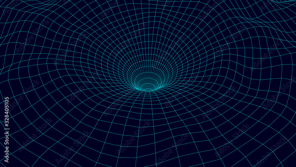 Poster wireframe abstract tunnel. 3d vector wormhole with a mesh structure. vortex. vector perspective grid