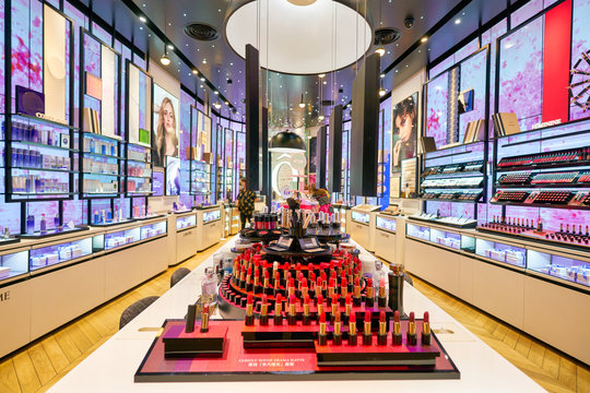 SHENZHEN, CHINA - CIRCA APRIL, 2019: Cosmetics Products On Display At Lancome Store In Coastal City Shopping Mall.