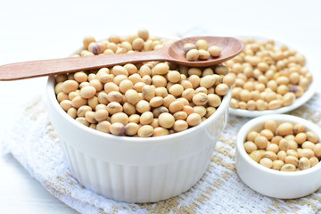 Raw soybeans (Glycine max) displayed in containers