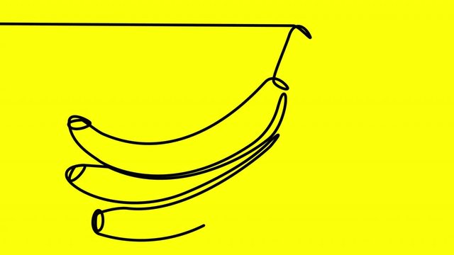 Self drawing bananas on a yellow background. The shape of the three bananas is drawn in one line. Simple looped animation of the appearance of fruits. Using alpha channel.