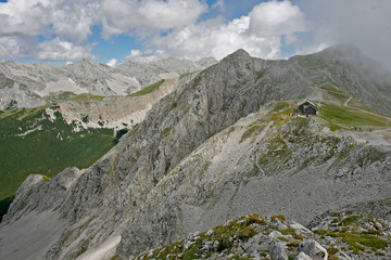 Fototapeta na wymiar View from Hafelekarspitze, or Mount Hafelekar, in the North Chain in the Tyrol region of the Alps near Innsbruck, Austria.