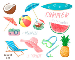 Set of cute summer icons: food, drinks, palm leaves, fruits. Bright summertime poster. Collection of scrapbooking elements for beach party