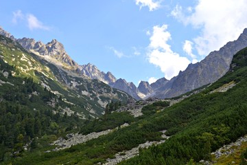 Fototapeta na wymiar Widok na szczyty nad Doliną Złomisk ze szlaku na Przełęcz pod Osterwą, Tatry Wysokie, Słowacja
