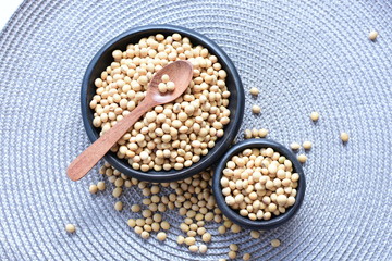 Raw soybeans (Glycine max) displayed in containers