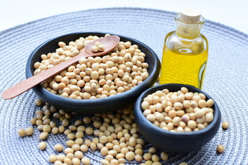 Raw soybeans (Glycine max) displayed in containers and accompanied by oil