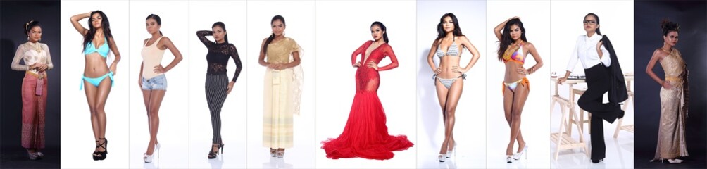 Collage Portrait of 20s Young Asian Woman in many outfits dress such as Bikini, Thai traditional costume, businesswoman, suit, swim wear, casual style, evening red gown. Studio lighting isolated white