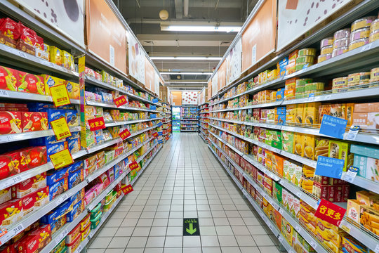 SHENZHEN, CHINA - CIRCA APRIL, 2019: interior shot of Carrefour Le Marche supermarket in Shenzhen.