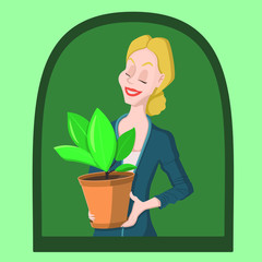 Cheerful cartoon blond woman holding a pot with a home flower in her hands.