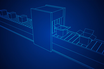 Conveyor belt section with pack boxes. Factory production equipment. Wireframe low poly mesh vector illustration
