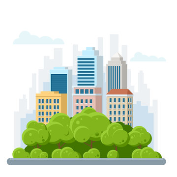 Flat Urban Landscape With High Skyscrapers, Trees And Subway. Building Icon.