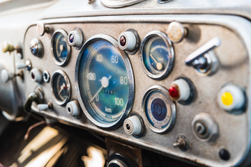 Detail of the dashboard of an old vintage truck.