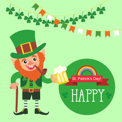 template for St. Patrick's Day greeting card. Leprechaun with a beer.