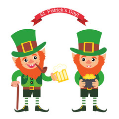 leprechaun with a pot of  gold coins isolated on white background. Saint Patrick day. leprechaun with a beer.