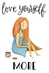 Watercolor card with red-haired girl applying cream