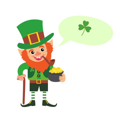Cartoon leprechauns with speech bubble.  Saint Patrick day pot full gold coins.  leprechaun with a pot of coins isolated on white background