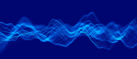 Abstract technology flow background. Futuristic blue dots background with a dynamic wave. 3d rendering.