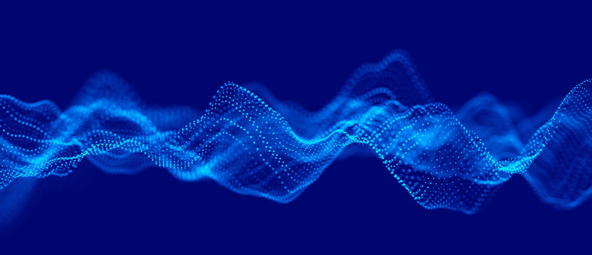 Abstract technology flow background. Futuristic blue dots background with a dynamic wave. 3d rendering. © Oleksii