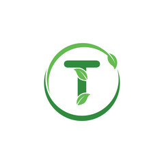 Initial T Letter with Leaf Logo Design Vector