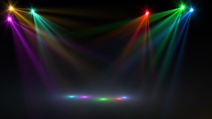 abstract of empty stage with colorful spotlights or Several bright projectors for scene lighting...