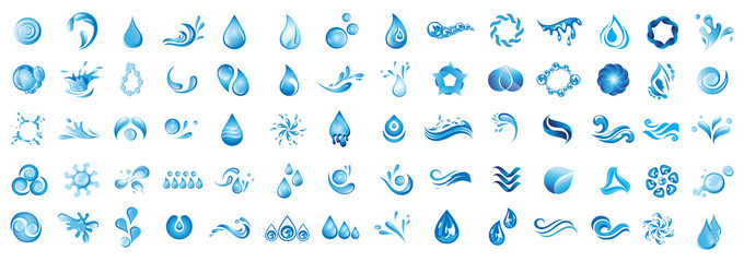 Water Splash Vector And Drop Logo Set - Isolated On White Background. Vector Collection Of Flat Water Splash and Drop Logo. Icons For Droplet, Wave, Rain, Raindrop, Company Logo And Bubble Design