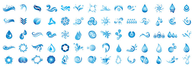 Water Splash Vector And Drop Logo Set - Isolated On White Background. Vector Collection Of Flat Water Splash and Drop Logo. Icons For Droplet, Wave, Rain, Raindrop, Company Logo And Bubble Design - obrazy, fototapety, plakaty