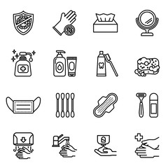 Hygiene icons set. Contains such Icons as Washing Hands, Antibacterial Soap and more. Thin line style stock vector.