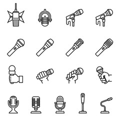 Microphone icons set. Sound record studio music speech recorder items vector picture of microphones. Thin line style stock vector.